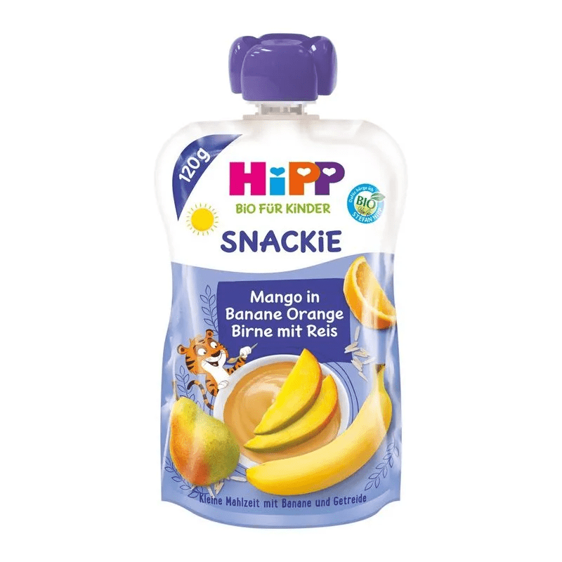 HiPPiS Snackie BIO – Mango, Banane, Portokall & Dardhë me Oriz 120g